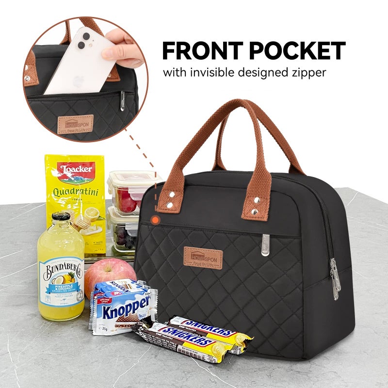 HOMESPON Insulated Lunch Bag for Women Men Adults Lunch Tote with Front Pocket Lunch Box Container Cooler Bag for Work Picnic (Black) - Image 2